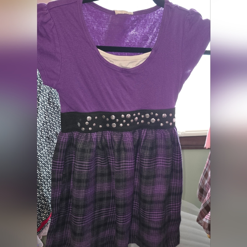 Purple and Black Plaid Dress with Studded Waist